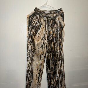 Zara Black, Cream & Gold Abstract Wide-Leg Pants